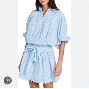 Juliet Dunn Light Blue Embroidered Tie-Waist Cotton Dress Robe
